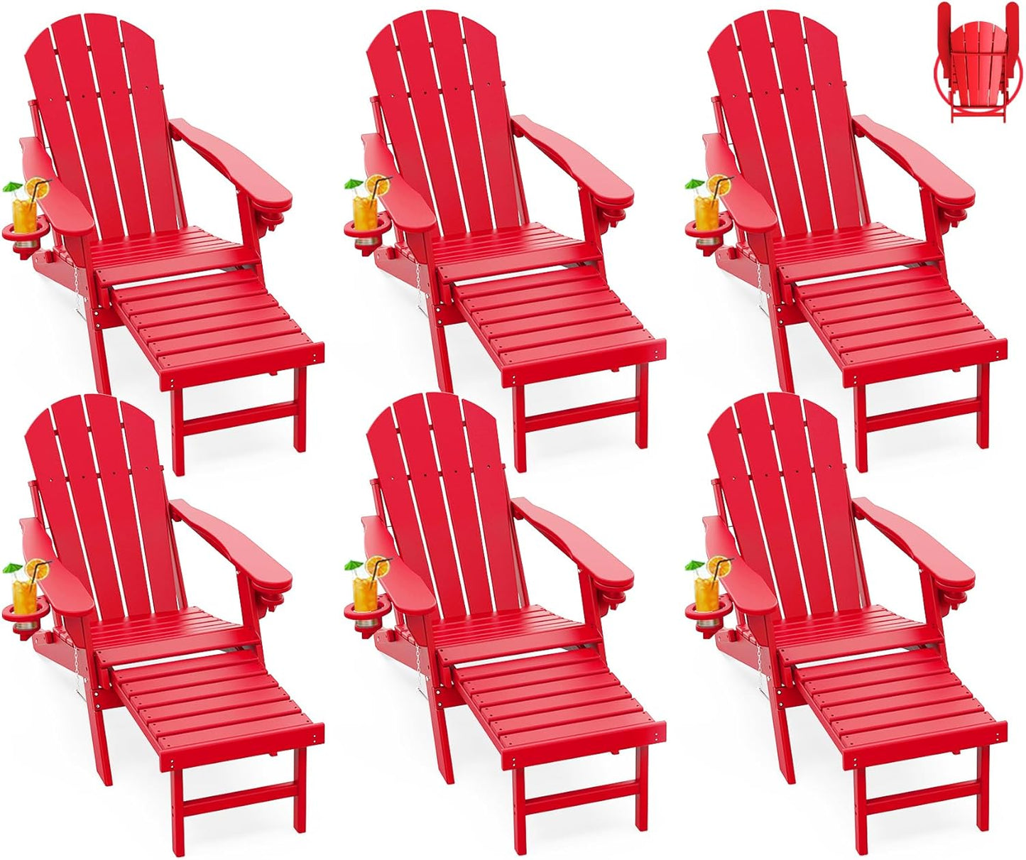 GREENVINES Adirondack-Chairs-with-Ottoman | Set of 2 | Folding | Retractable-Footrest | HDPE Plastic | All Weather Fire Pit Chair | Cup Holders | Blue | for Outdoor Poolside