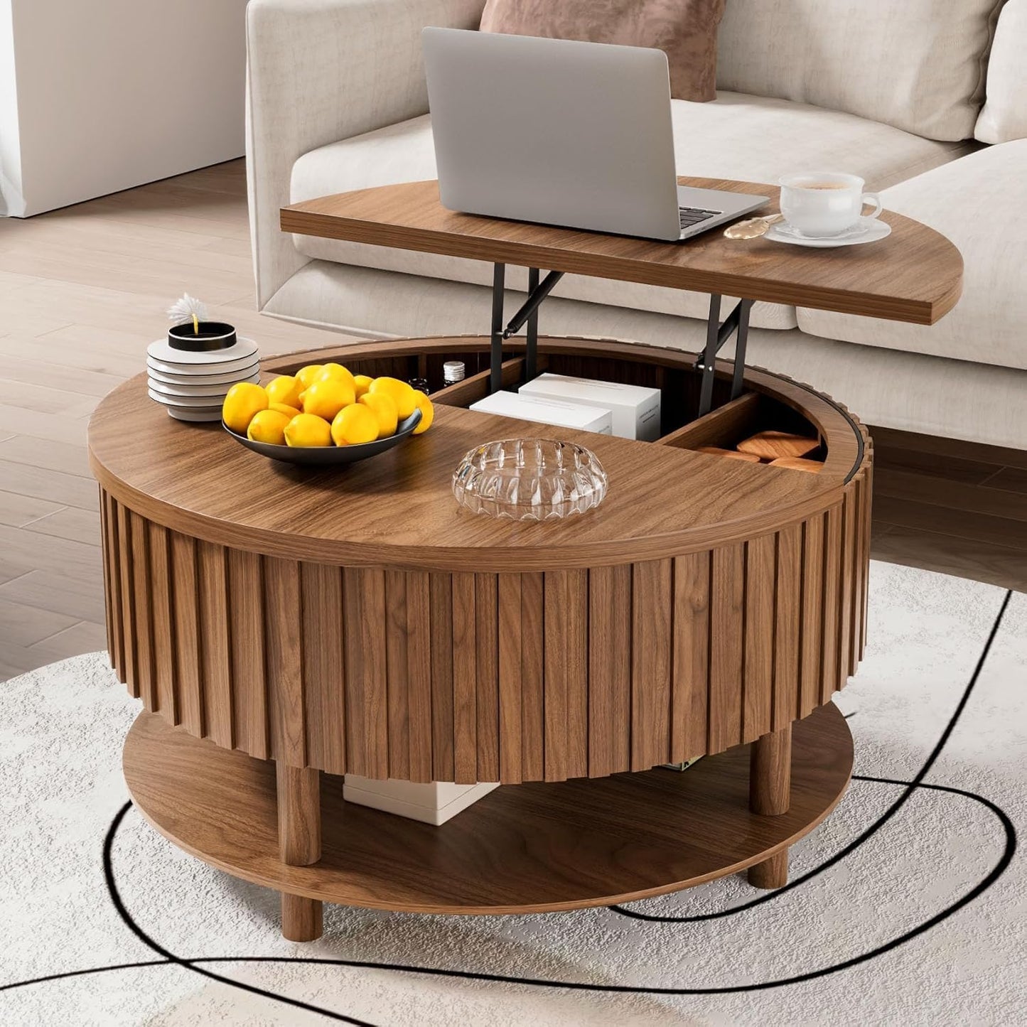 Round Lift Top Coffee Table with Storage, 31.5'' Modern 2-Tier Coffee Table with Hidden Storage and Open Shelf, Fluted Center Table for Living Room (Wood Color)