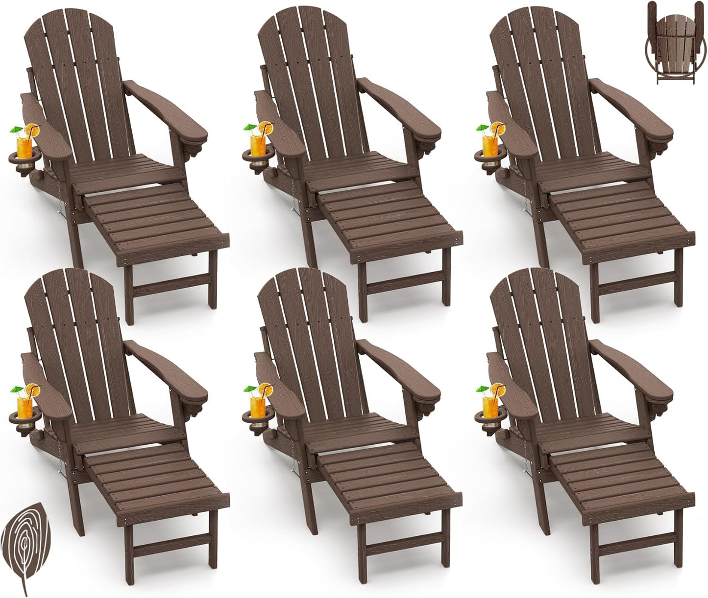 GREENVINES Adirondack-Chairs-with-Ottoman | Set of 2 | Folding | Retractable-Footrest | HDPE Plastic | All Weather Fire Pit Chair | Cup Holders | Blue | for Outdoor Poolside